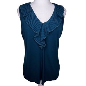 CHAPS Sleeveless Pullover Top Ruffled V-Neckline Dark Teal Blue Sz Lg Petite